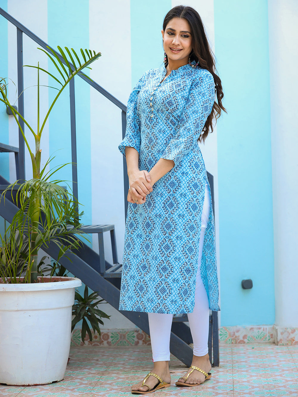 Sky Blue Ethnic Printed Cotton Casual Kurta