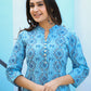 Sky Blue Ethnic Printed Cotton Casual Kurta