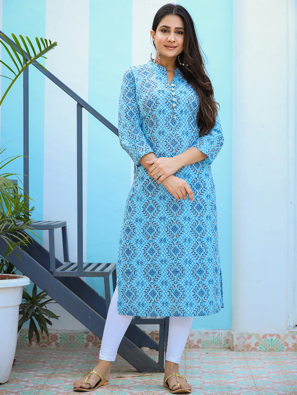 Sky Blue Ethnic Printed Cotton Casual Kurta