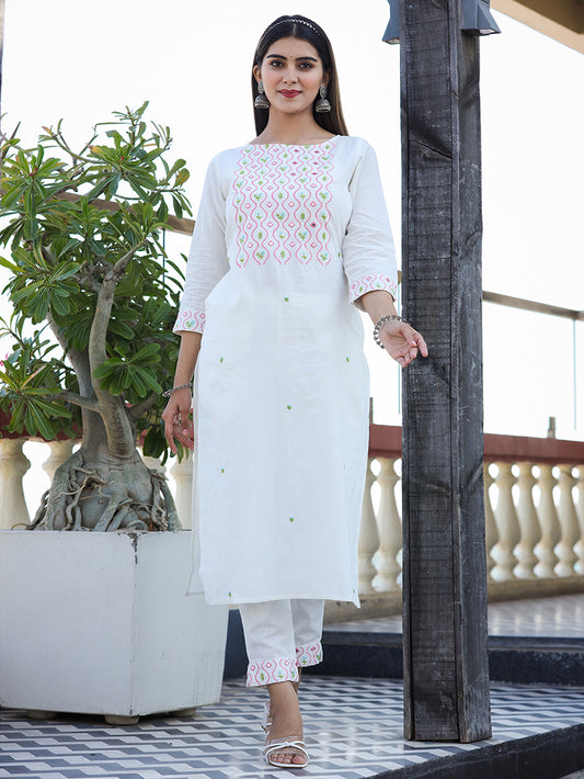 White Embroidered Cotton Kurta Pant Set