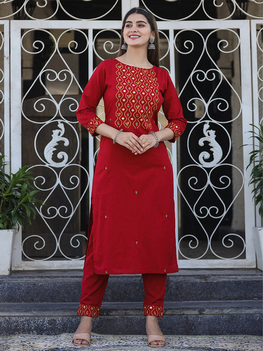 Maroon Embroidered Cotton Kurta Pant Set