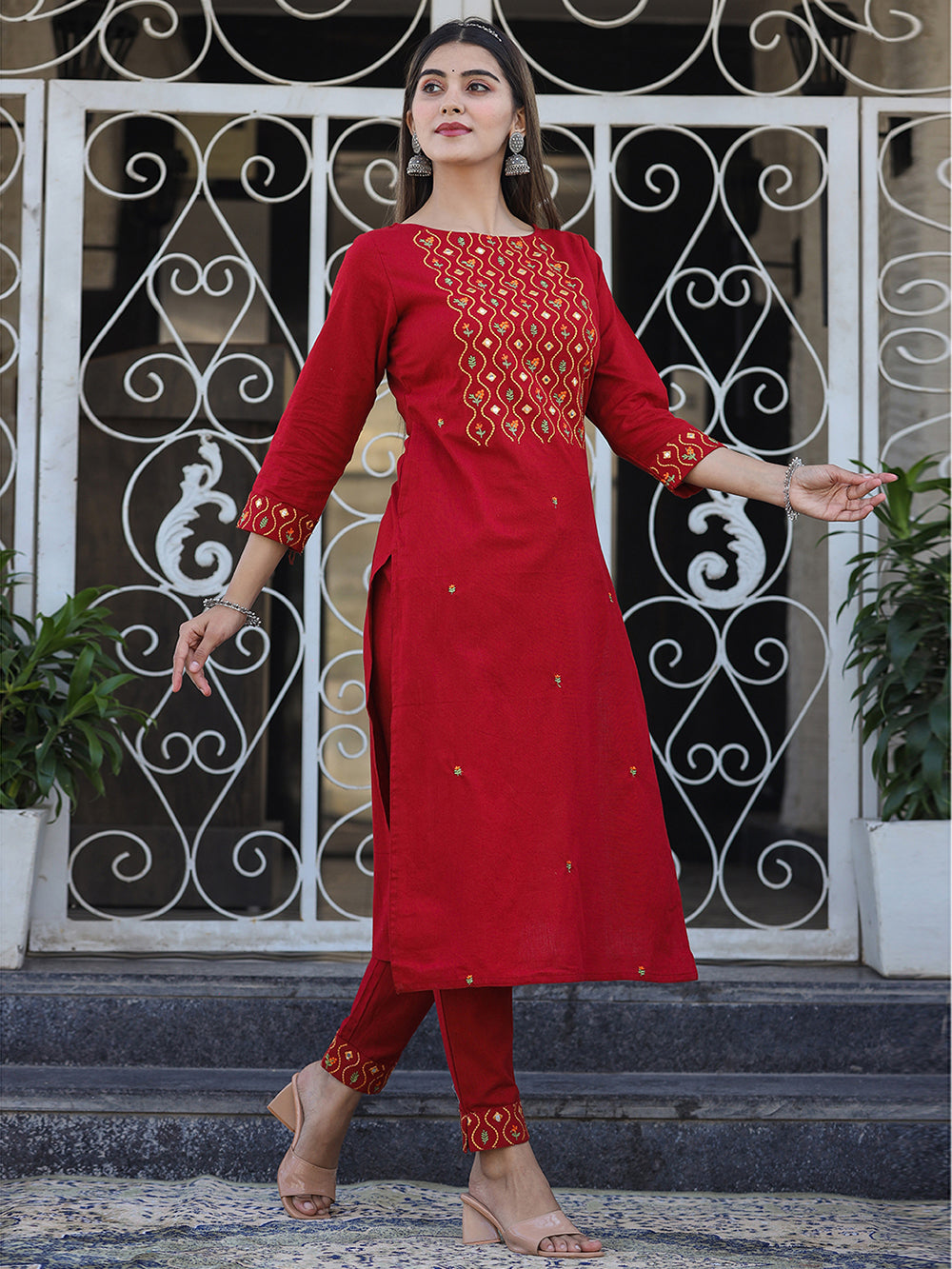 Maroon Embroidered Cotton Kurta Pant Set