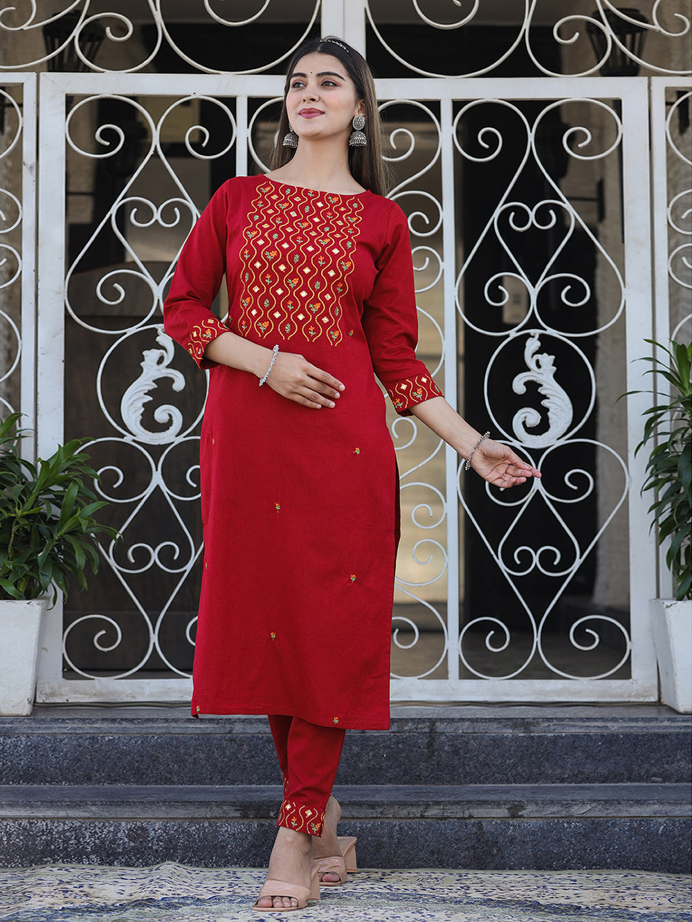 Maroon Embroidered Cotton Kurta Pant Set