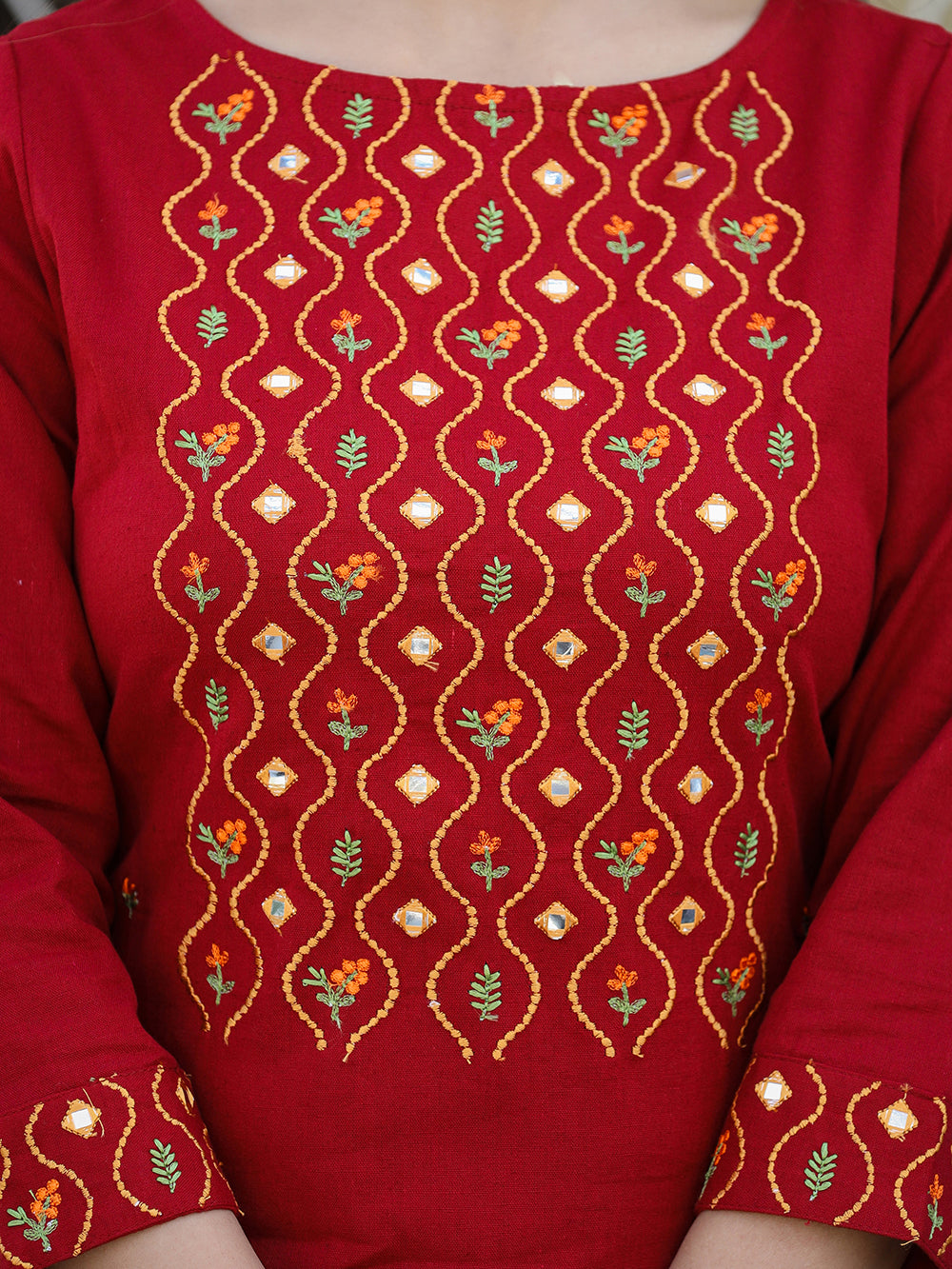 Maroon Embroidered Cotton Kurta Pant Set