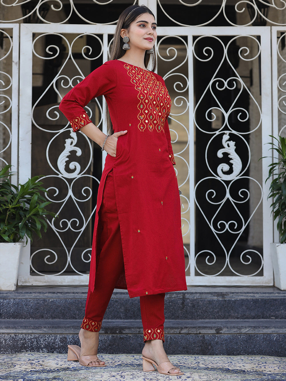 Maroon Embroidered Cotton Kurta Pant Set