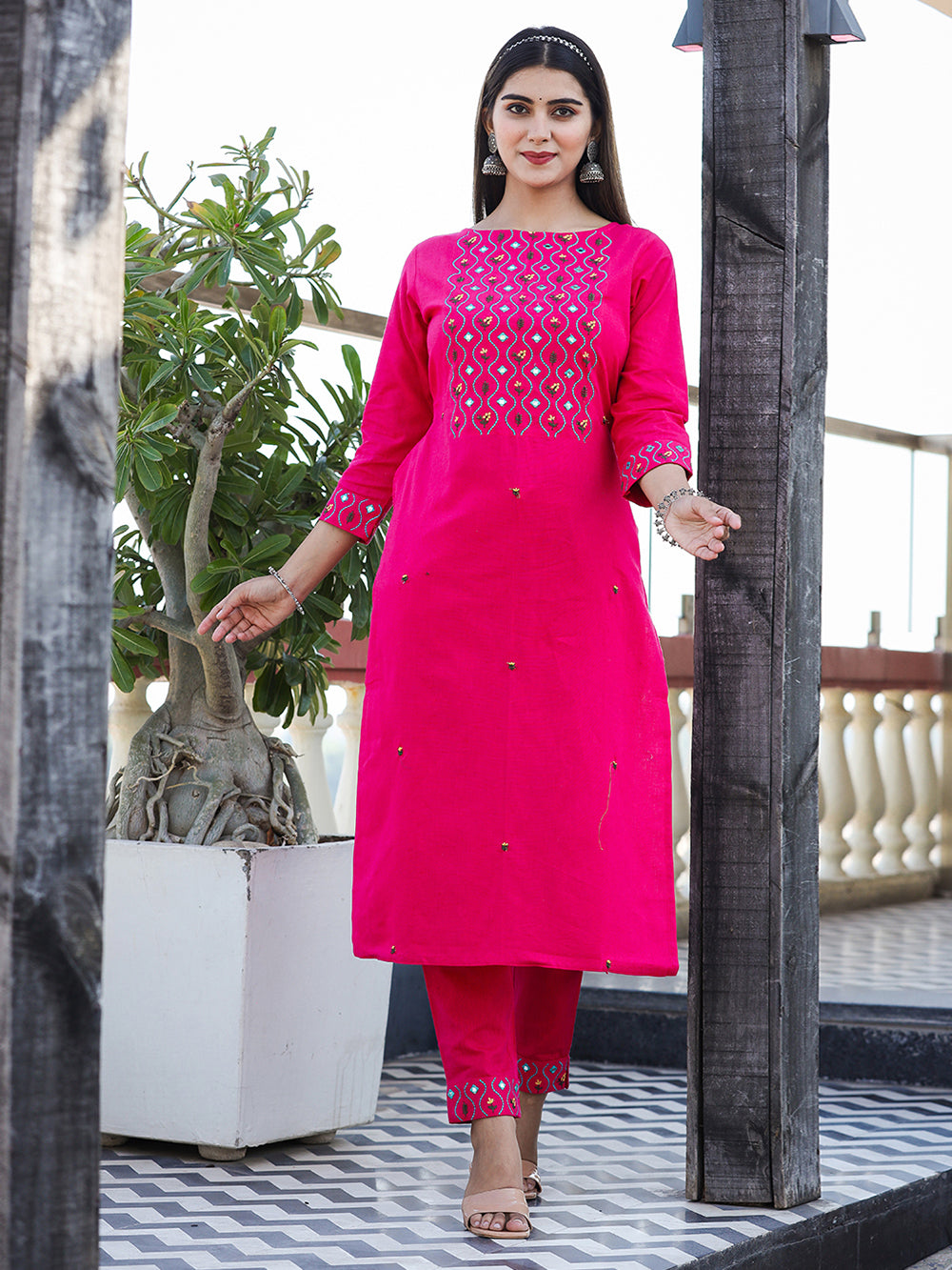 Pink Embroidered Cotton Kurta Pant Set