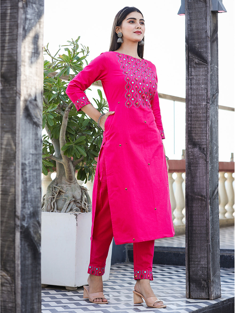 Pink Embroidered Cotton Kurta Pant Set