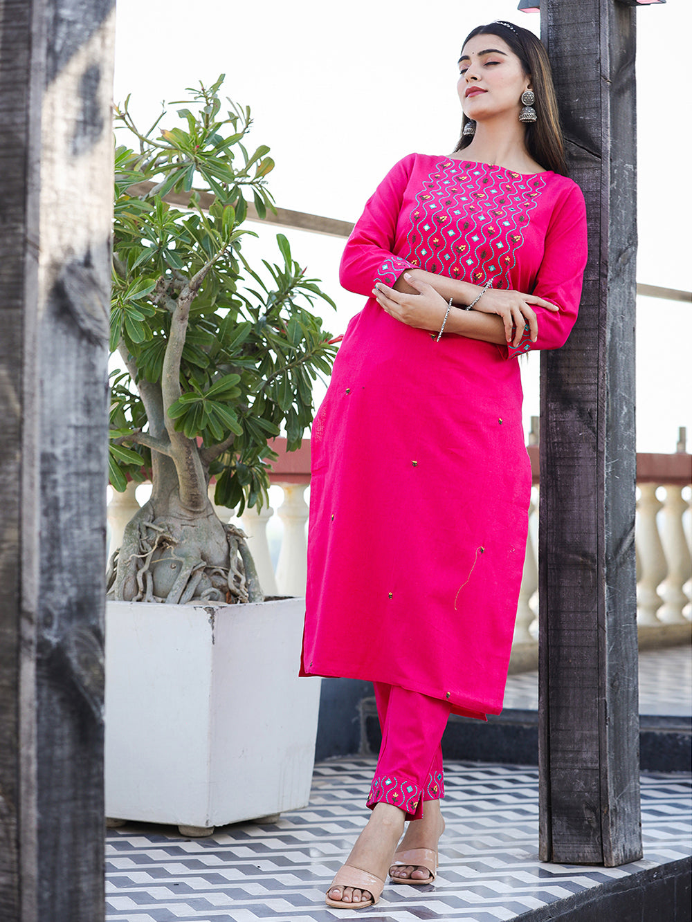 Pink Embroidered Cotton Kurta Pant Set