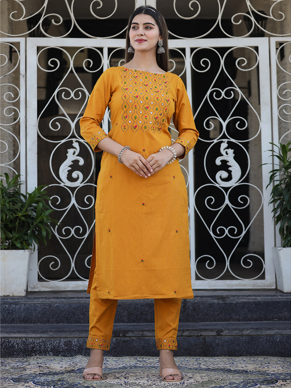 Yellow Embroidered Cotton Kurta Pant Set