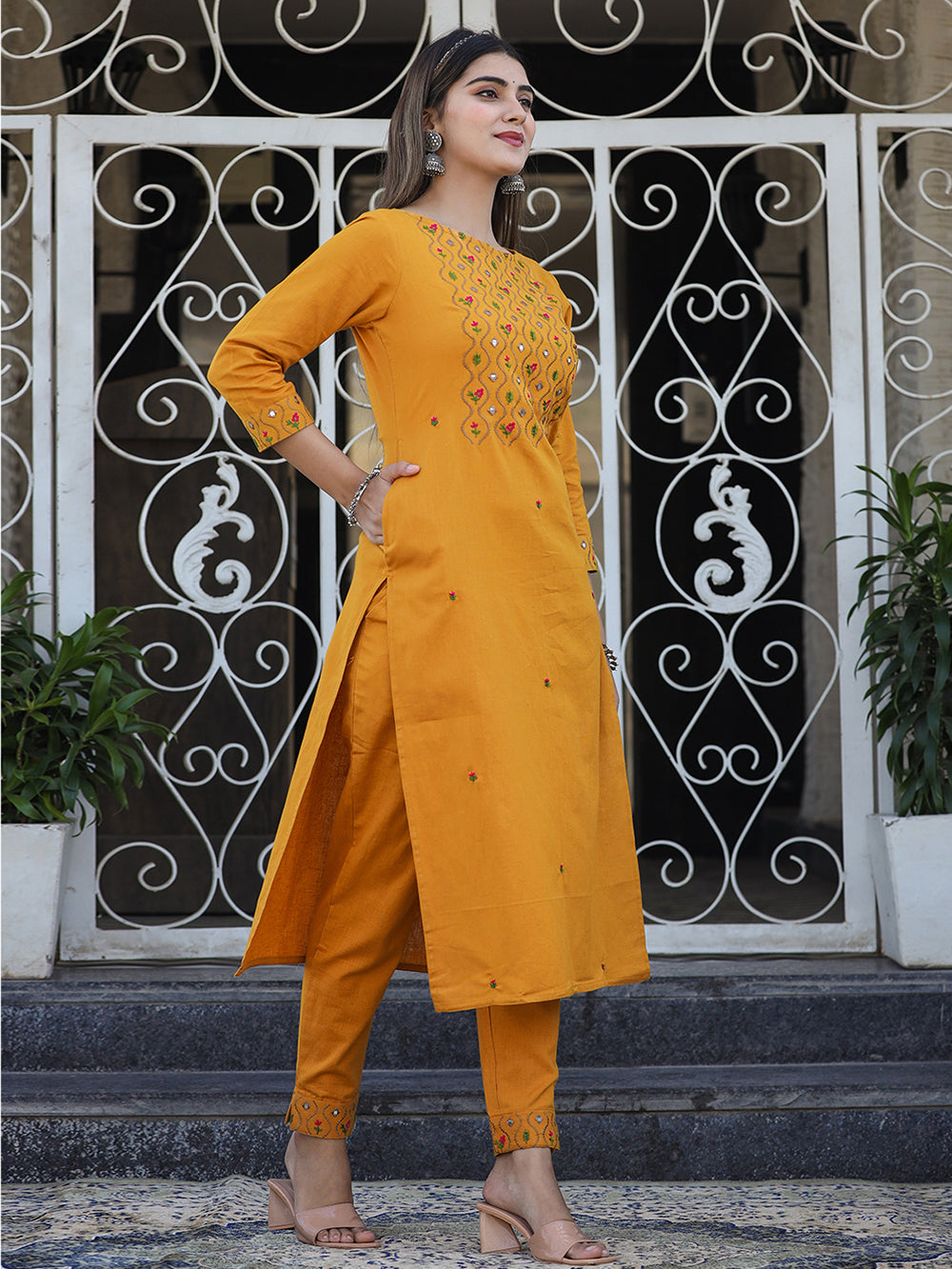 Yellow Embroidered Cotton Kurta Pant Set