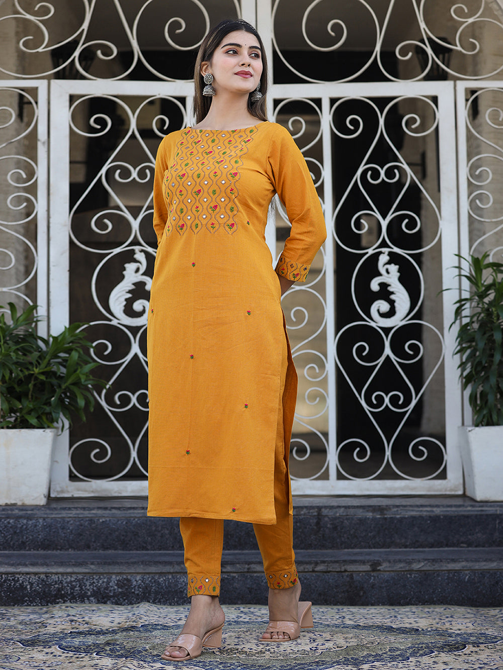 Yellow Embroidered Cotton Kurta Pant Set