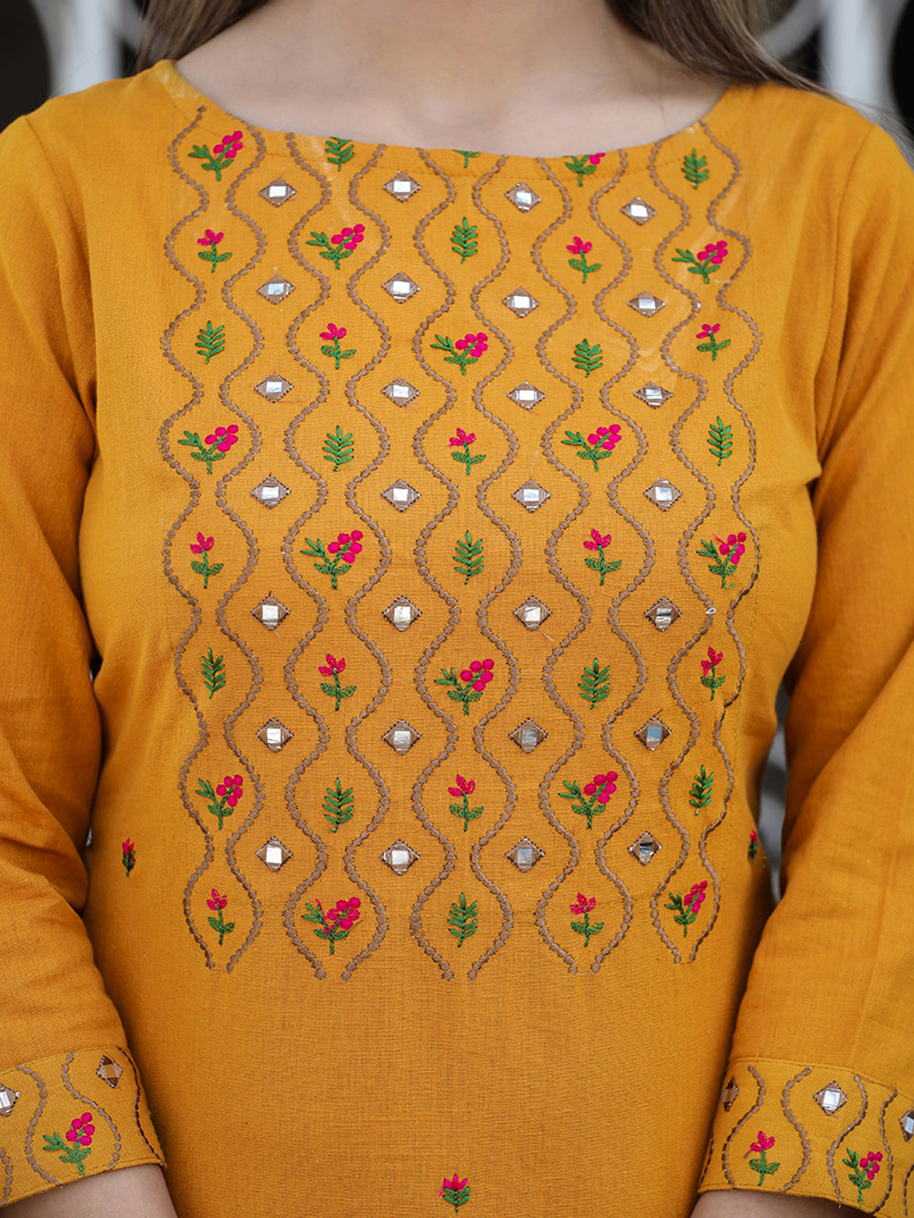 Yellow Embroidered Cotton Kurta Pant Set