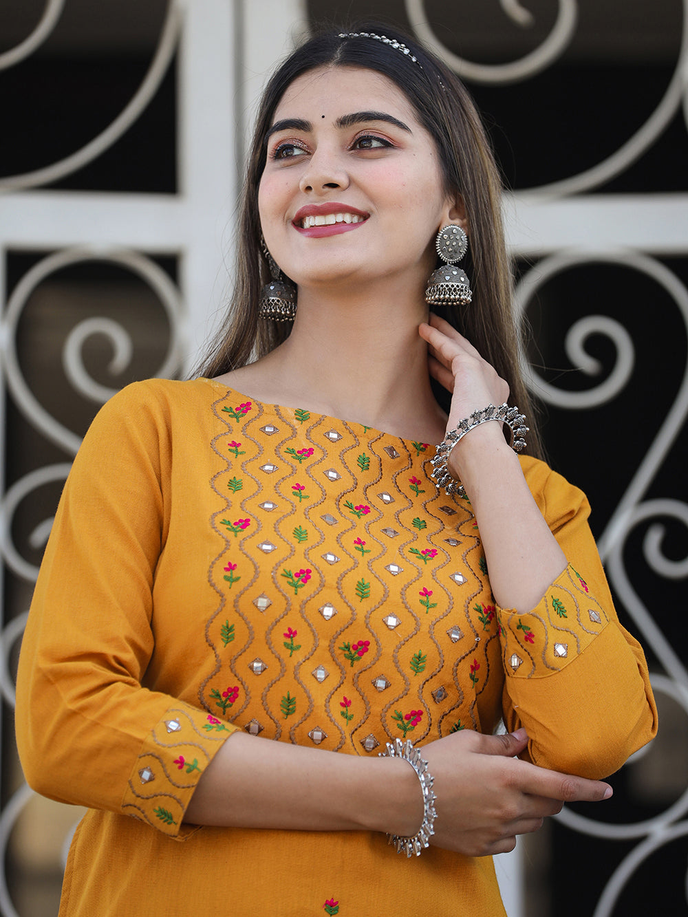 Yellow Embroidered Cotton Kurta Pant Set