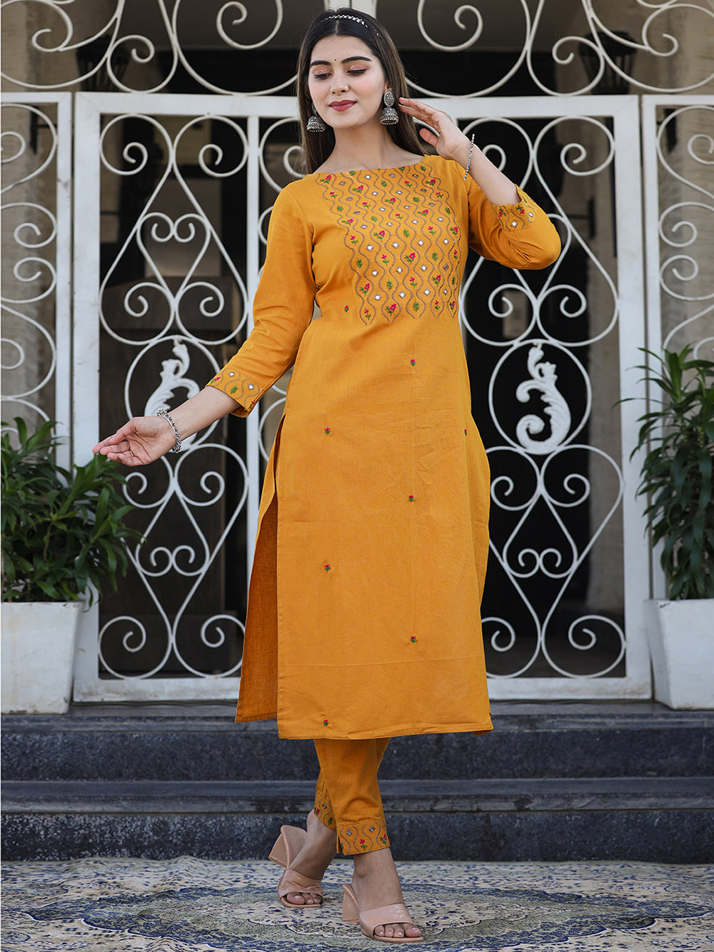 Yellow Embroidered Cotton Kurta Pant Set