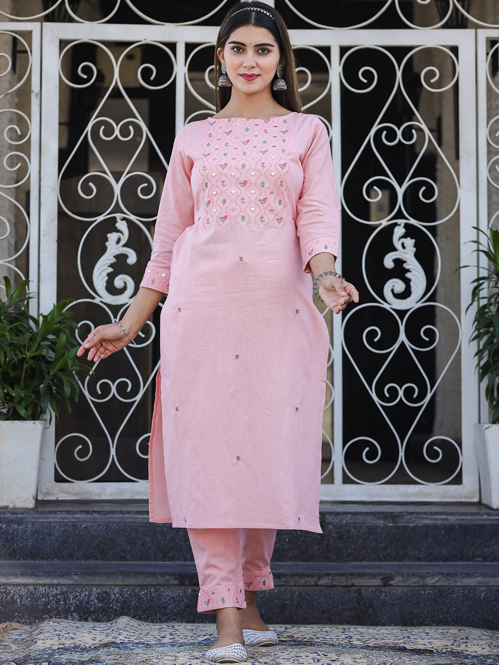 Peach Embroidered Cotton Kurta Pant Set