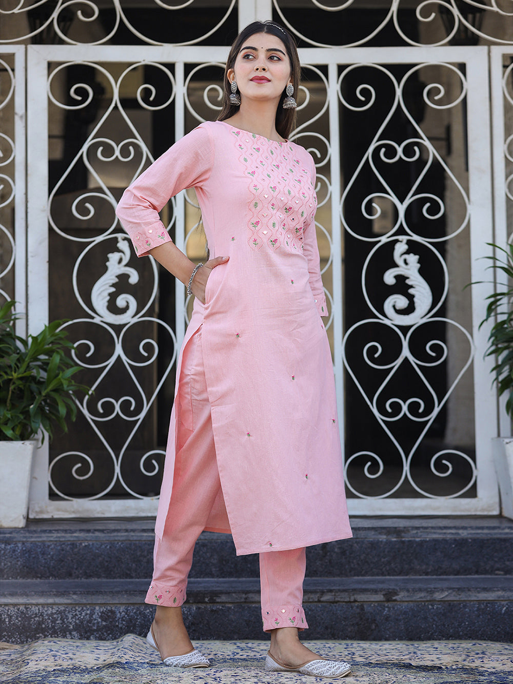 Peach Embroidered Cotton Kurta Pant Set