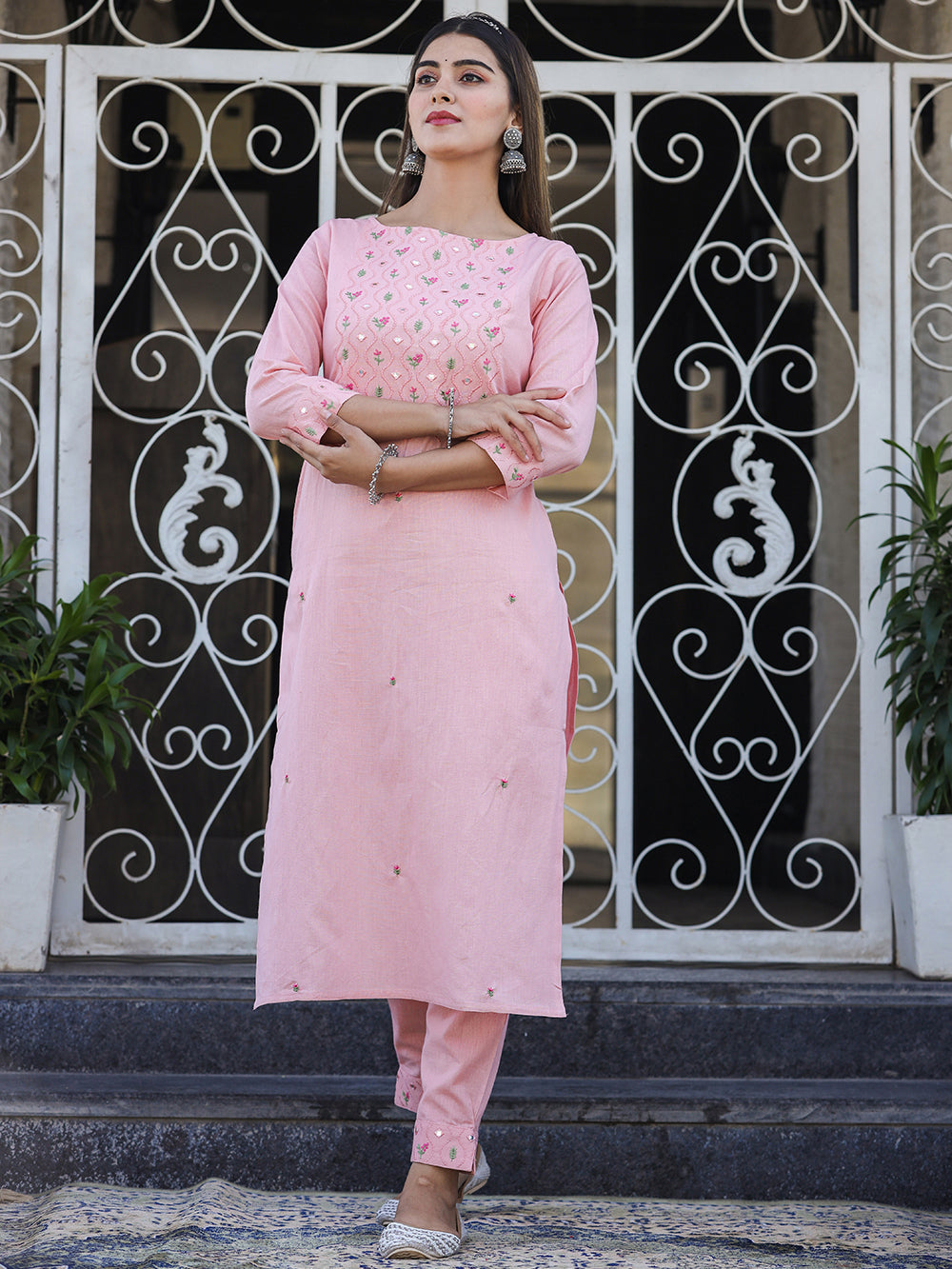 Peach Embroidered Cotton Kurta Pant Set