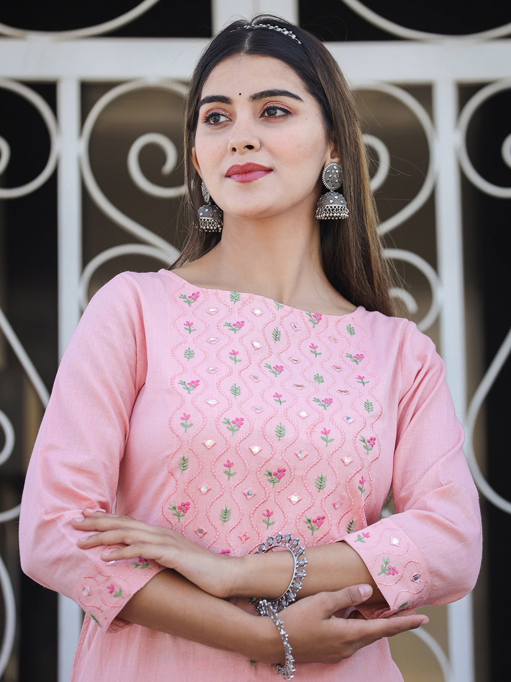 Peach Embroidered Cotton Kurta Pant Set