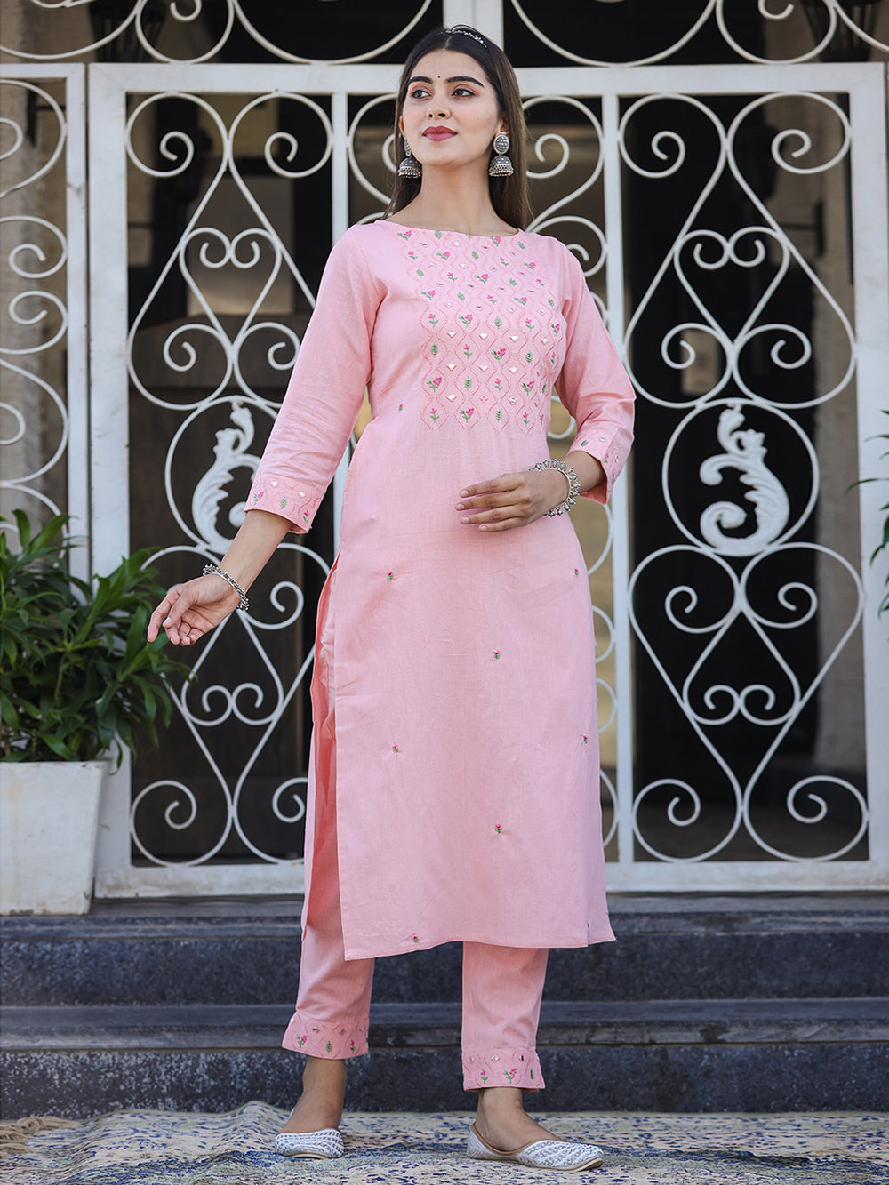 Peach Embroidered Cotton Kurta Pant Set