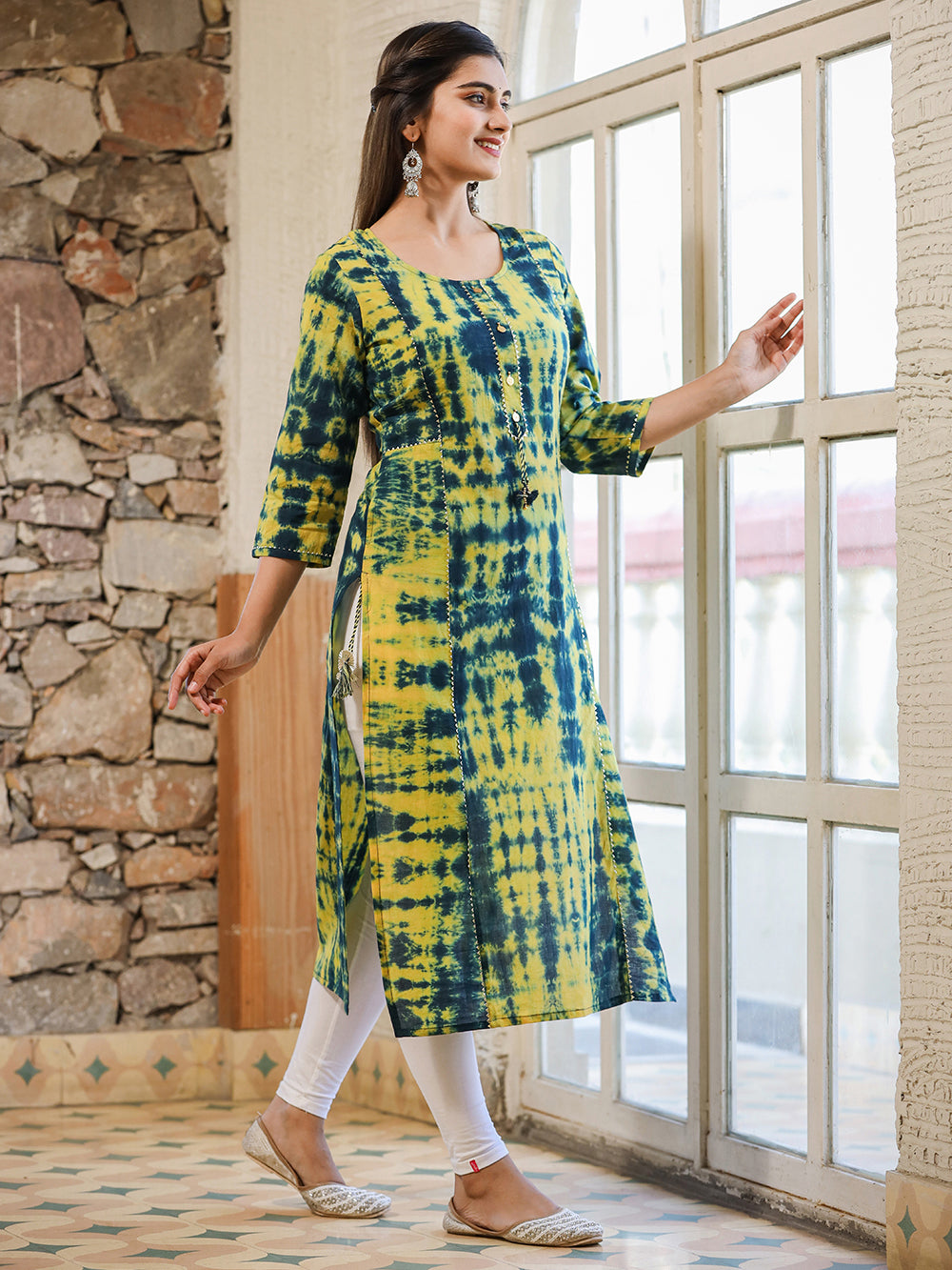 Green Shibori Tie Dye Cotton Casual Kurta