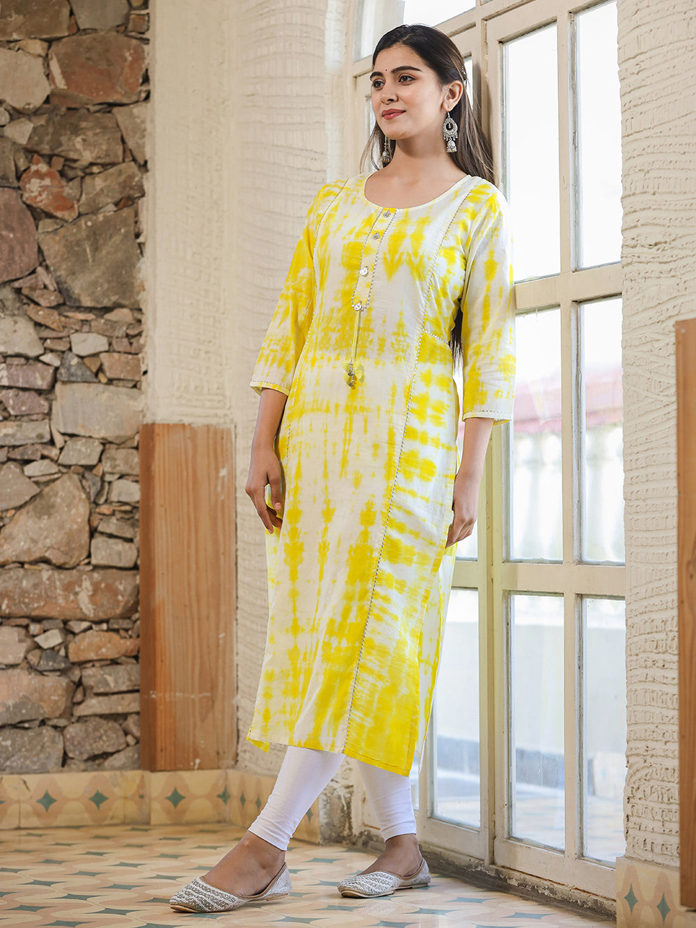 Yellow Shibori Tie Dye Cotton Casual Kurta