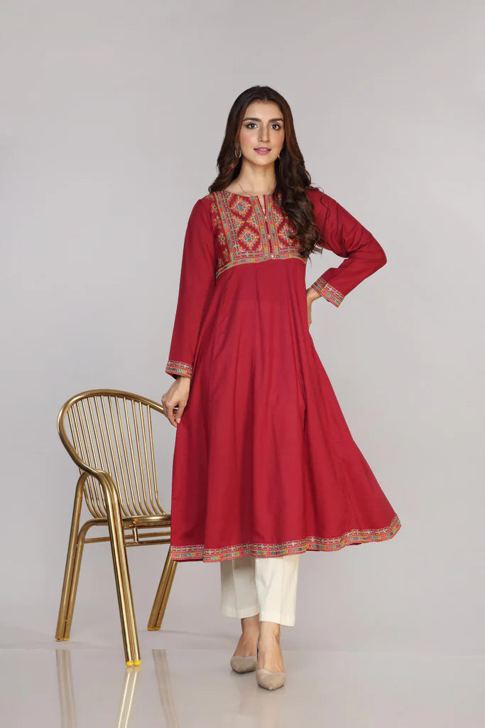 Maroon Embroidered Cotton Kurta