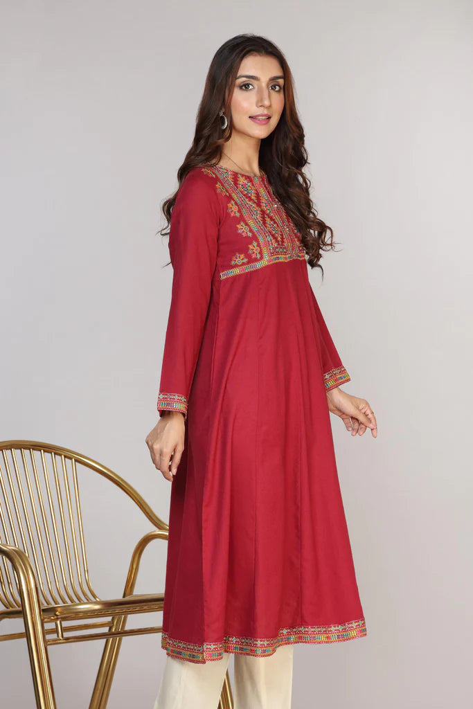 Maroon Embroidered Cotton Kurta