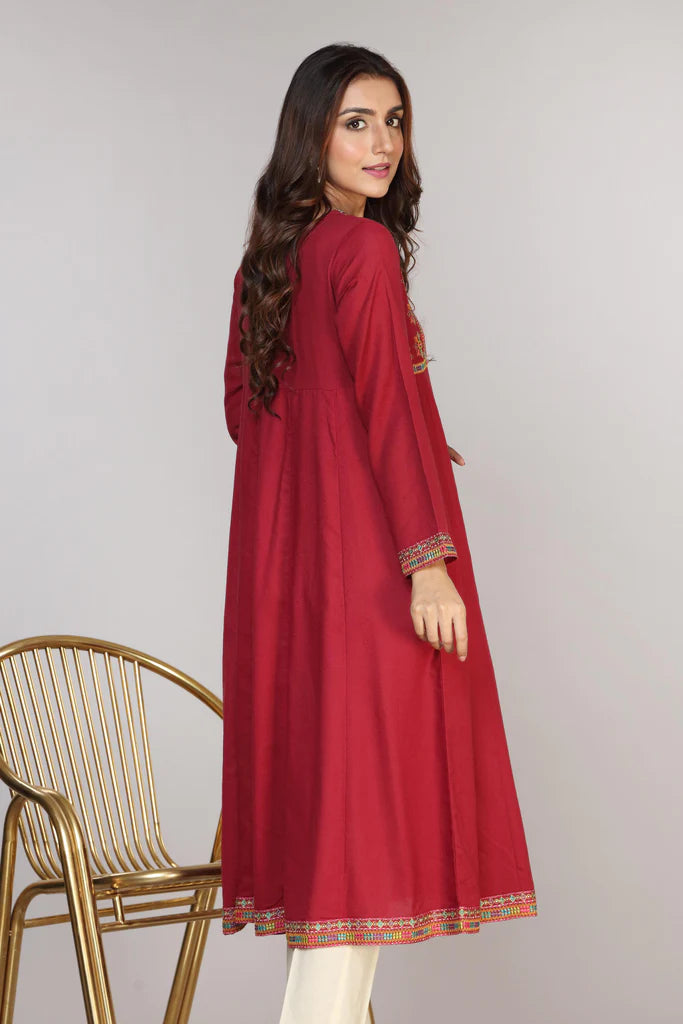 Maroon Embroidered Cotton Kurta