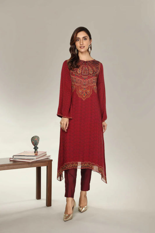 Maroon Embroidered Cotton Kurta