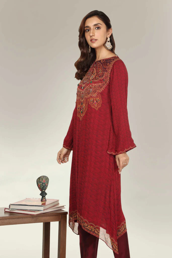 Maroon Embroidered Cotton Suit - Set of 2