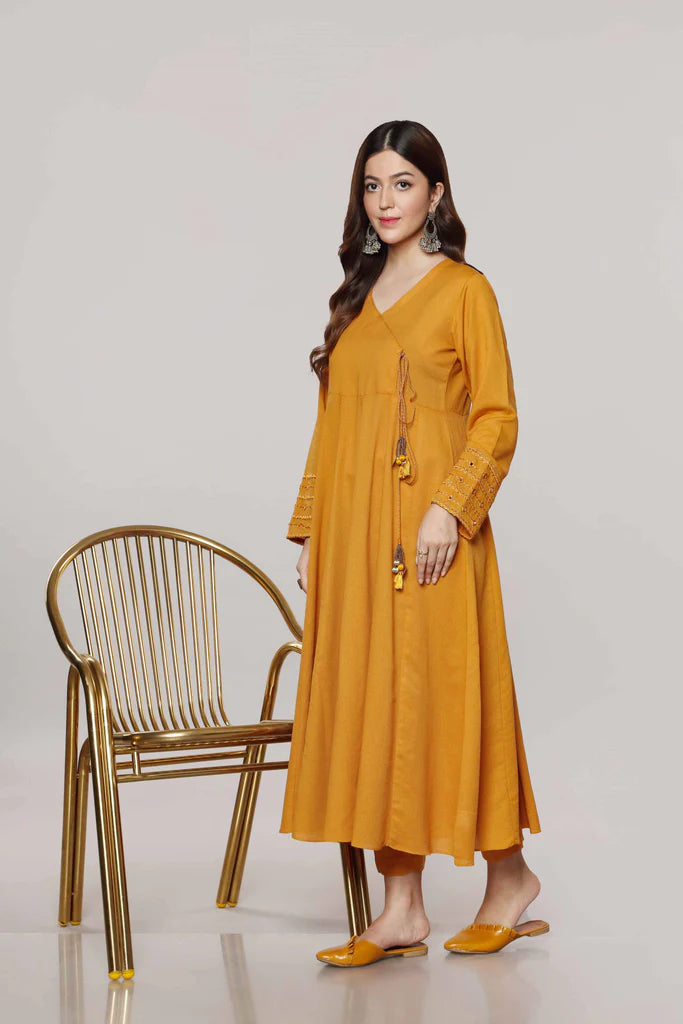 Yellow Cotton Angrakha Kurta