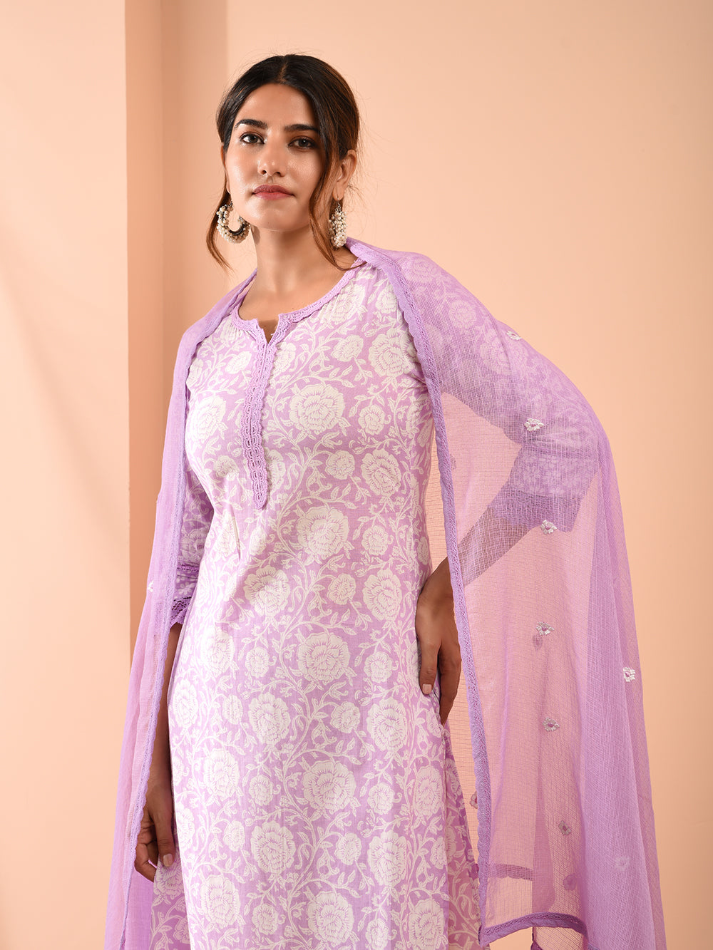 White Purple Hand Block Printed Cotton Suit with Embroidered Kota Doriya Dupatta- Set of 3