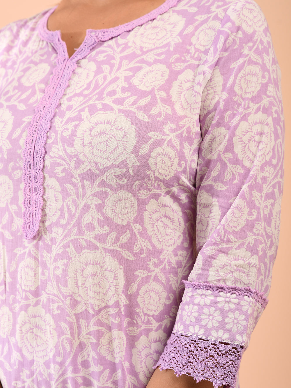 White Purple Hand Block Printed Cotton Suit with Embroidered Kota Doriya Dupatta- Set of 3