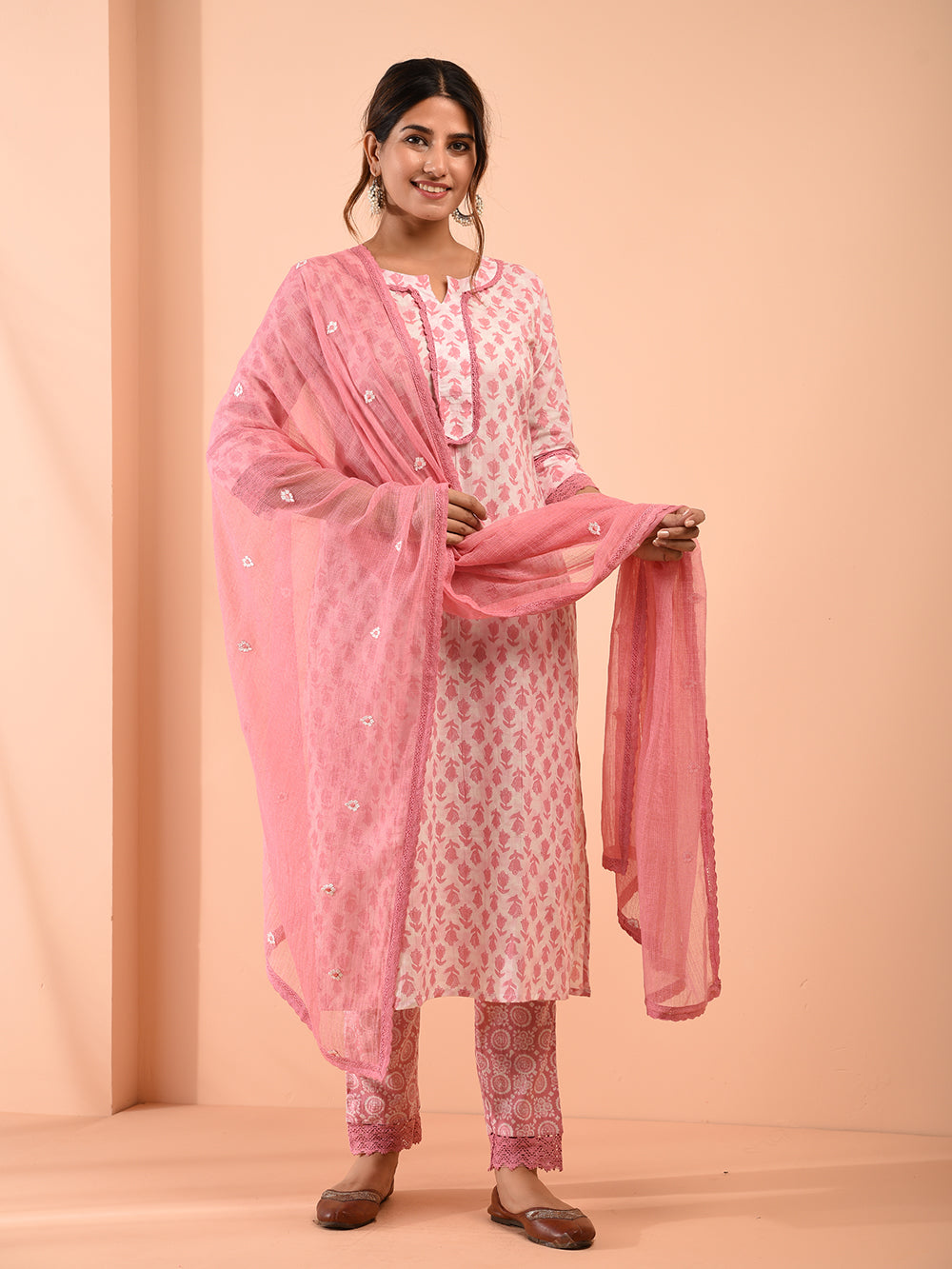 White Pink Hand Block Printed Cotton Suit with Embroidered Kota Doriya Dupatta- Set of 3