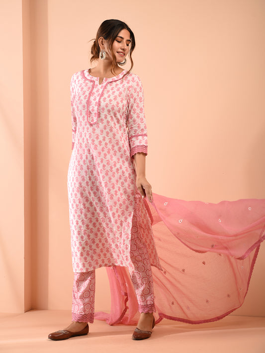 White Pink Hand Block Printed Cotton Suit with Embroidered Kota Doriya Dupatta- Set of 3