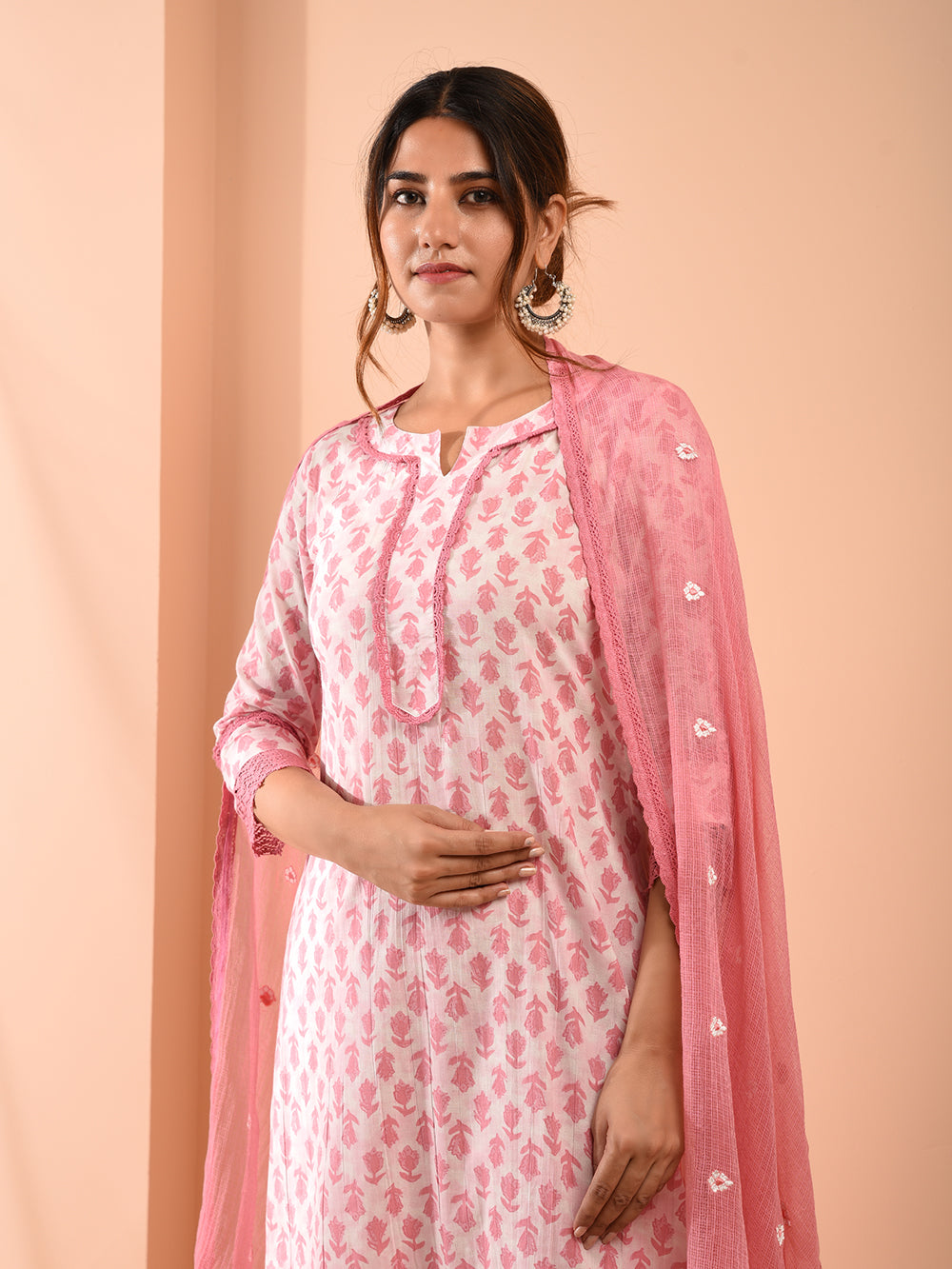 White Pink Hand Block Printed Cotton Suit with Embroidered Kota Doriya Dupatta- Set of 3