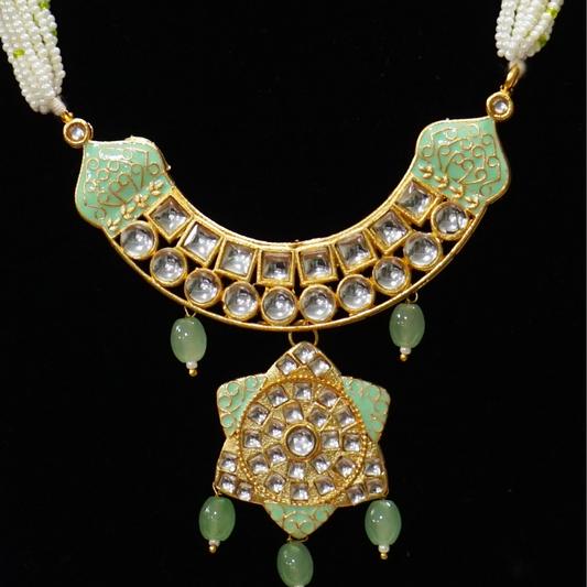 Green Hand Painted Brass Necklace Set