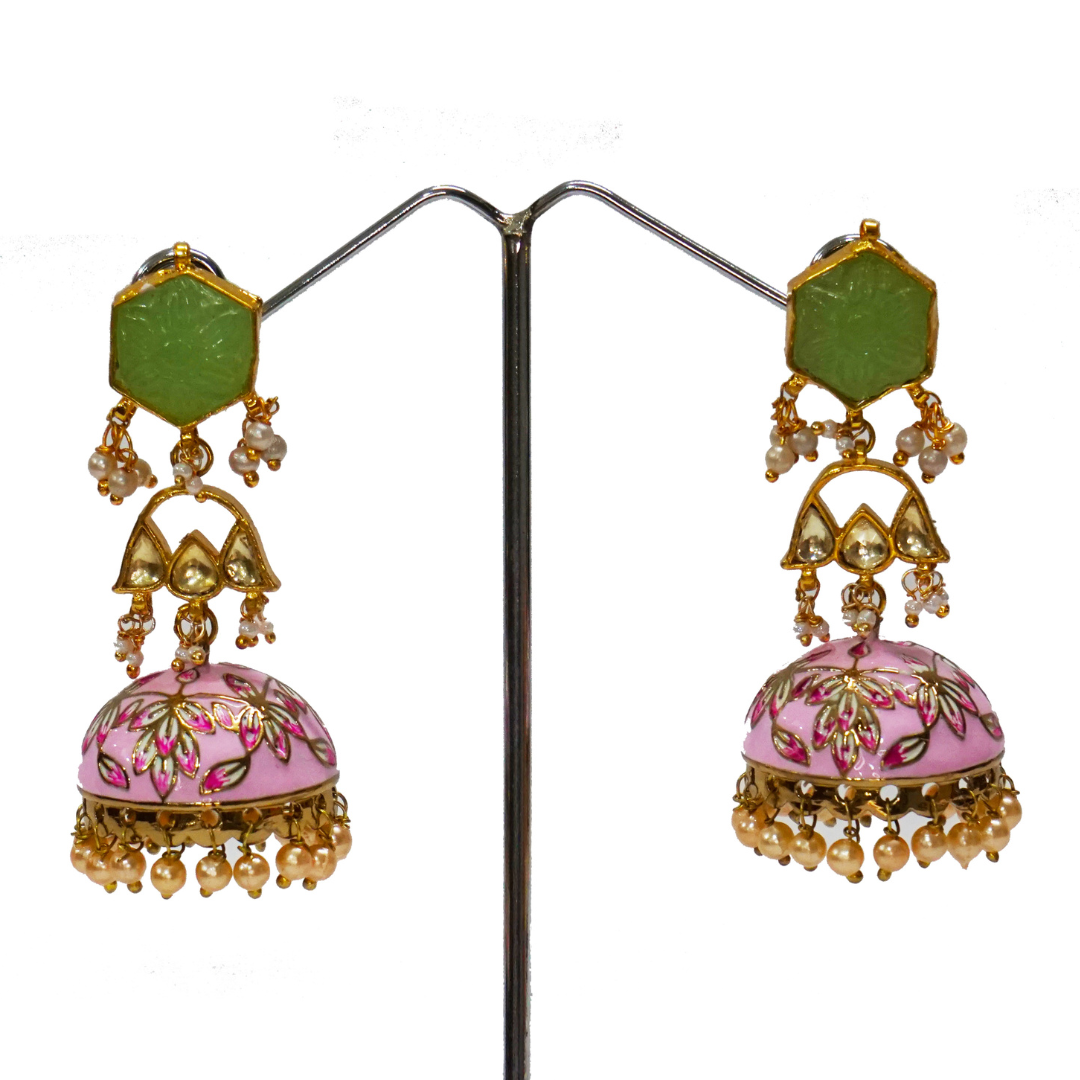 Green Pink Handcrafted Meenakari Jhumkies