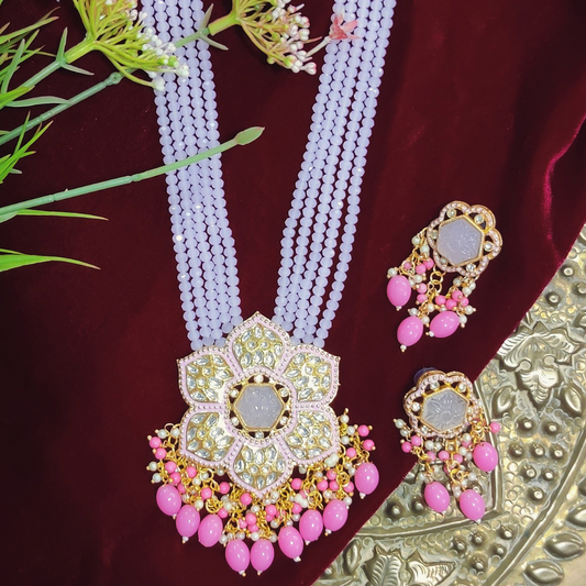 Pink Handcrafted Flower Brass Necklace Set