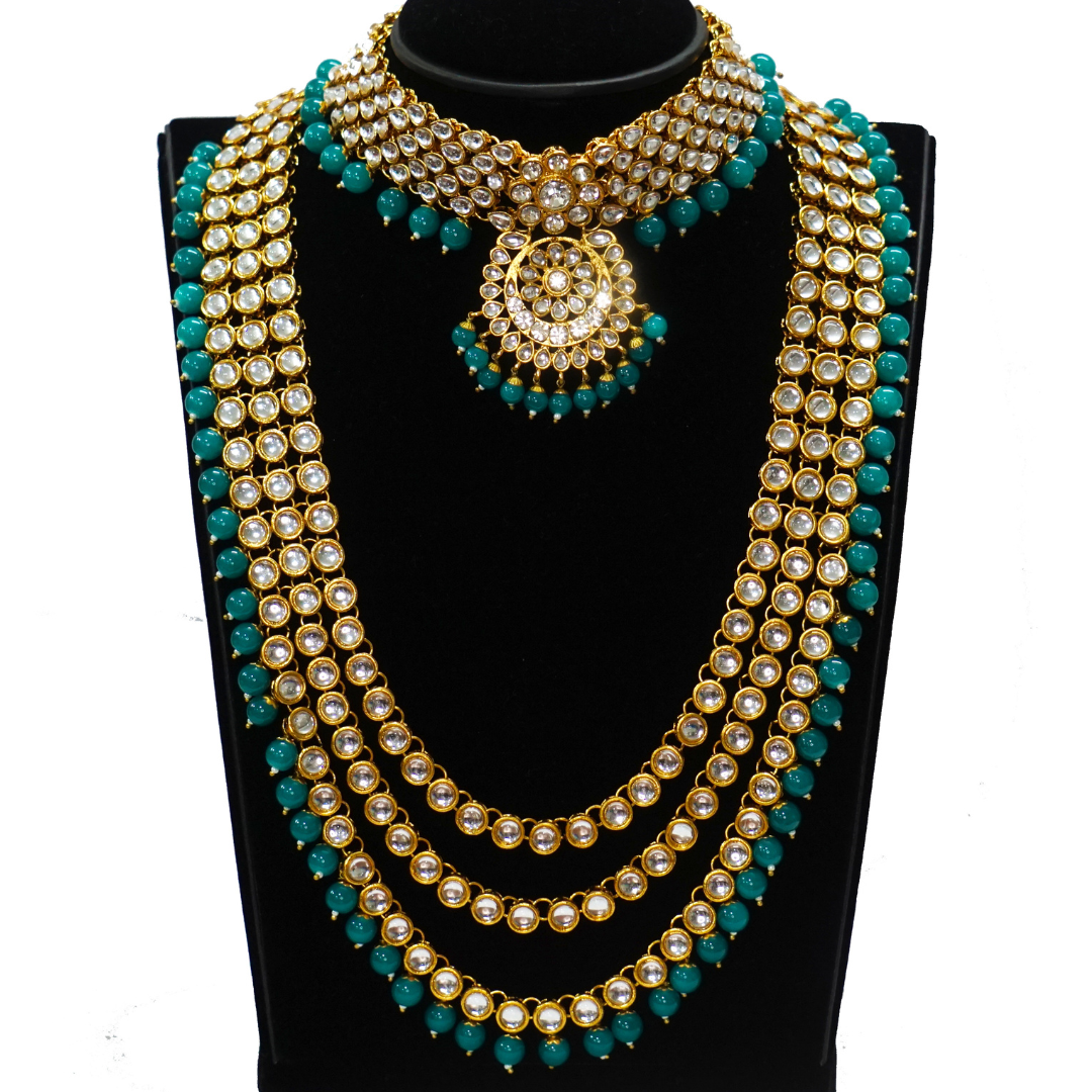 Green Handcrafted Maharaani Brass Necklace Set