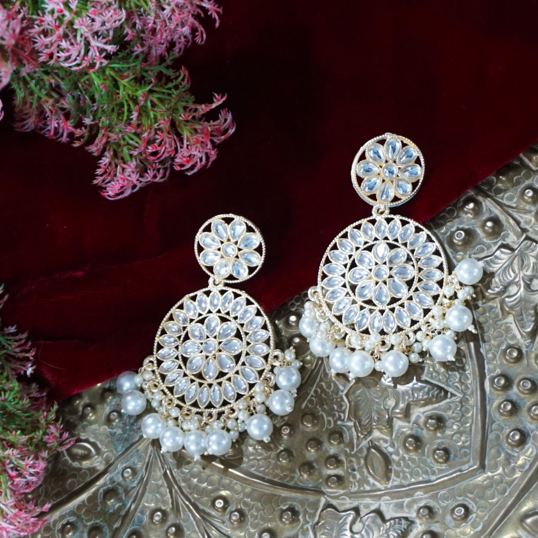 White Handcrafted Kundan Chandbali Earrings