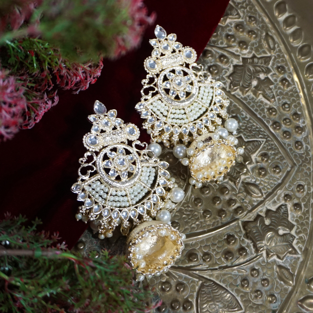 White Handcrafted Kundan Chand Jhumkies