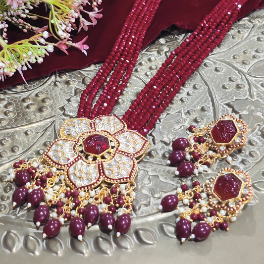 Maroon Handcrafted Flower Brass Necklace Set