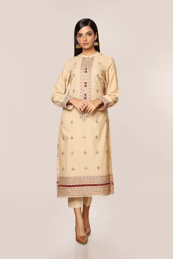 Beige Embroidered Cotton Kurta with Pants - Set of 2