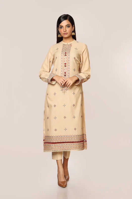 Beige Embroidered Cotton Kurta