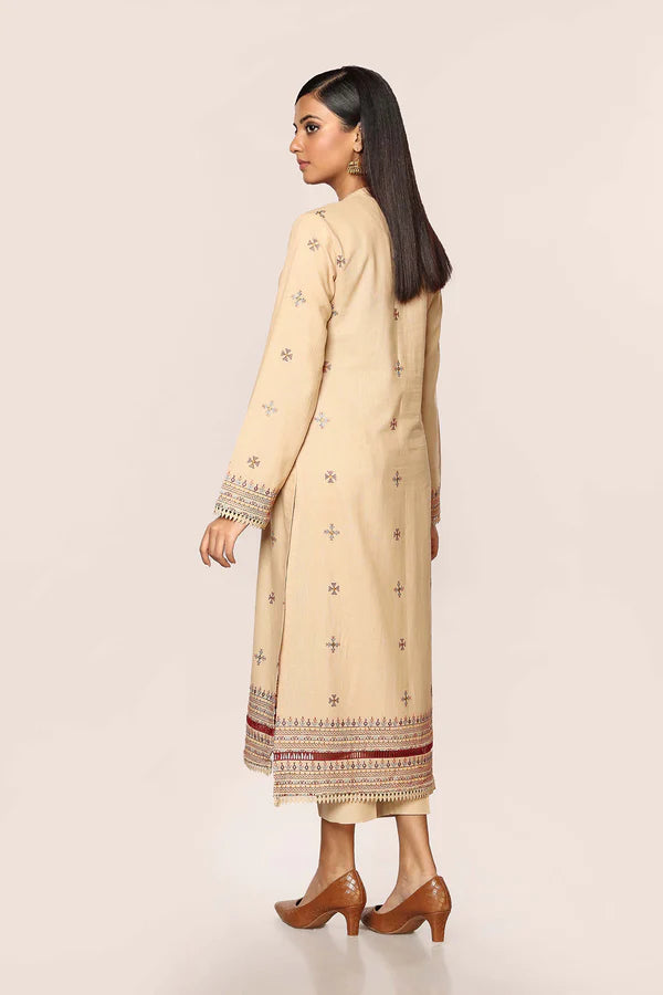 Beige Embroidered Cotton Kurta with Pants - Set of 2