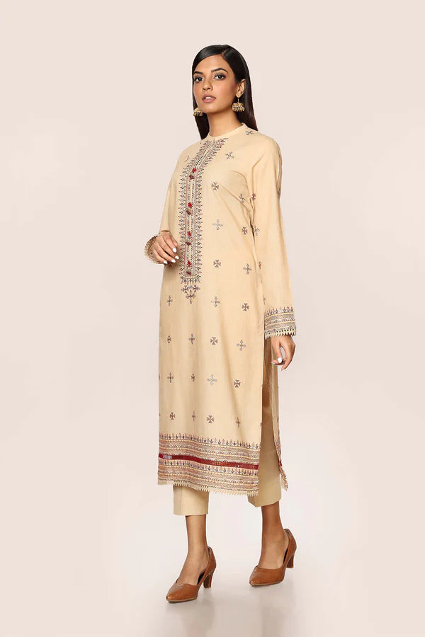 Beige Embroidered Cotton Kurta with Pants - Set of 2