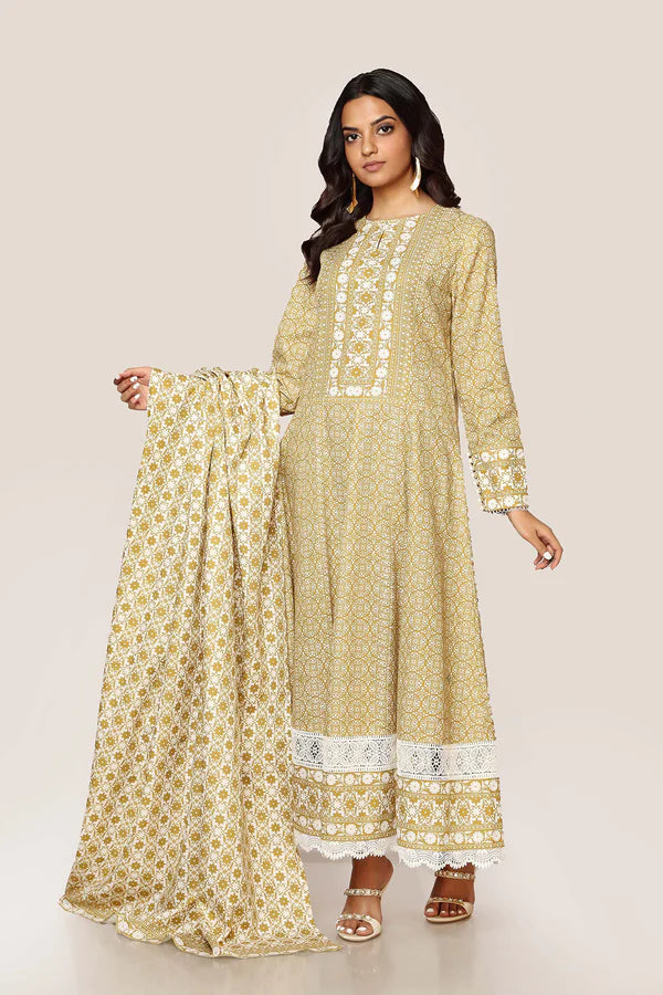 Yellow Block Printed Cotton Suit - Set of 3