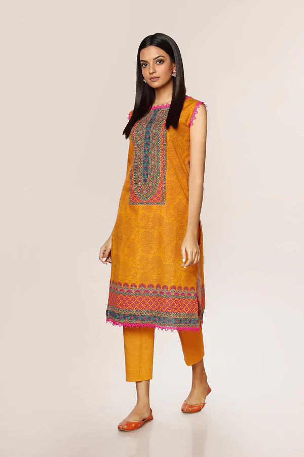 Yellow Printed Cotton Kurta with Pants - Set of 2