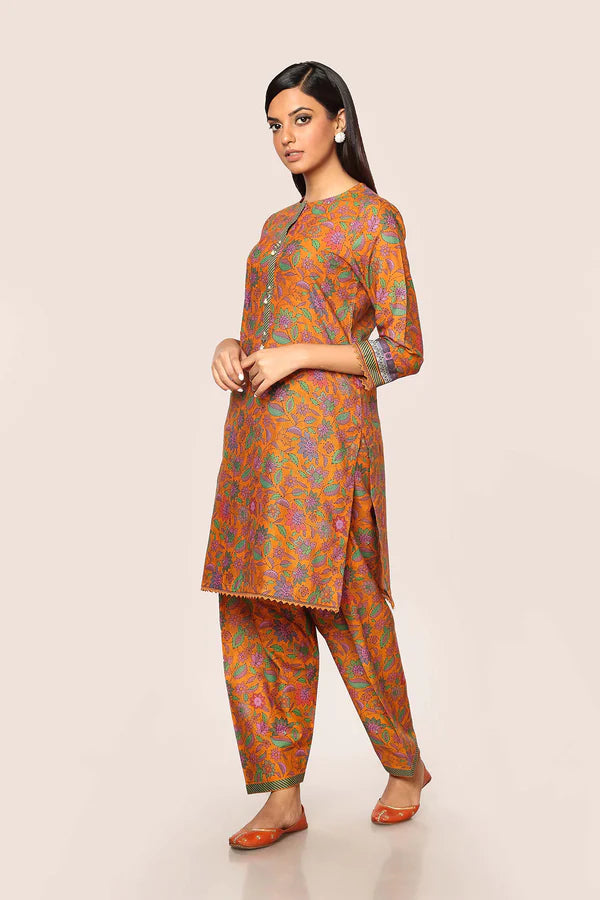 Mustard Yellow Printed Cotton Kurta with Pants - Set of 2